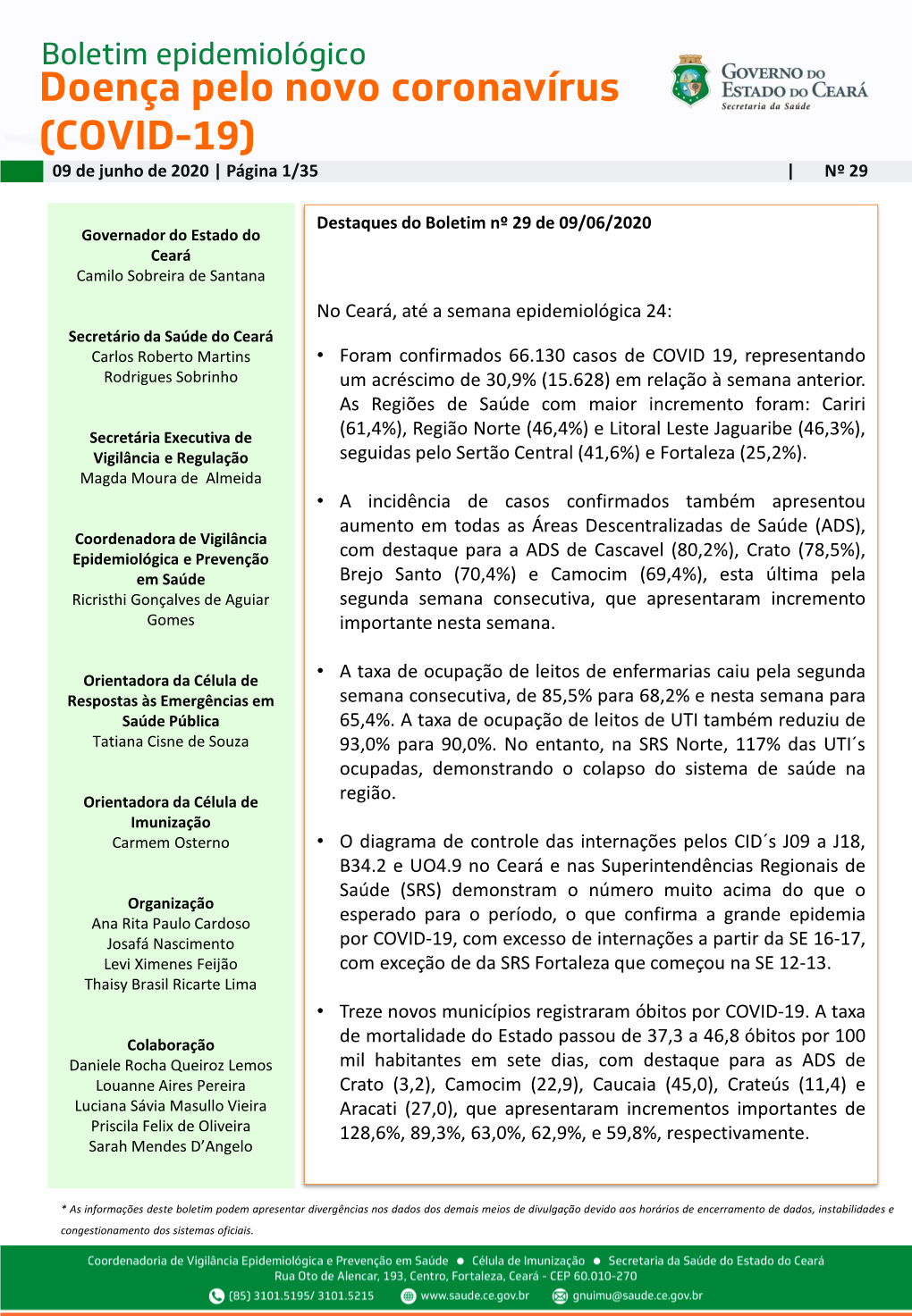 Doença Pelo Novo Coronavírus (COVID-19) 09 De Junho De 2020 | Página 1/35 | Nº 29