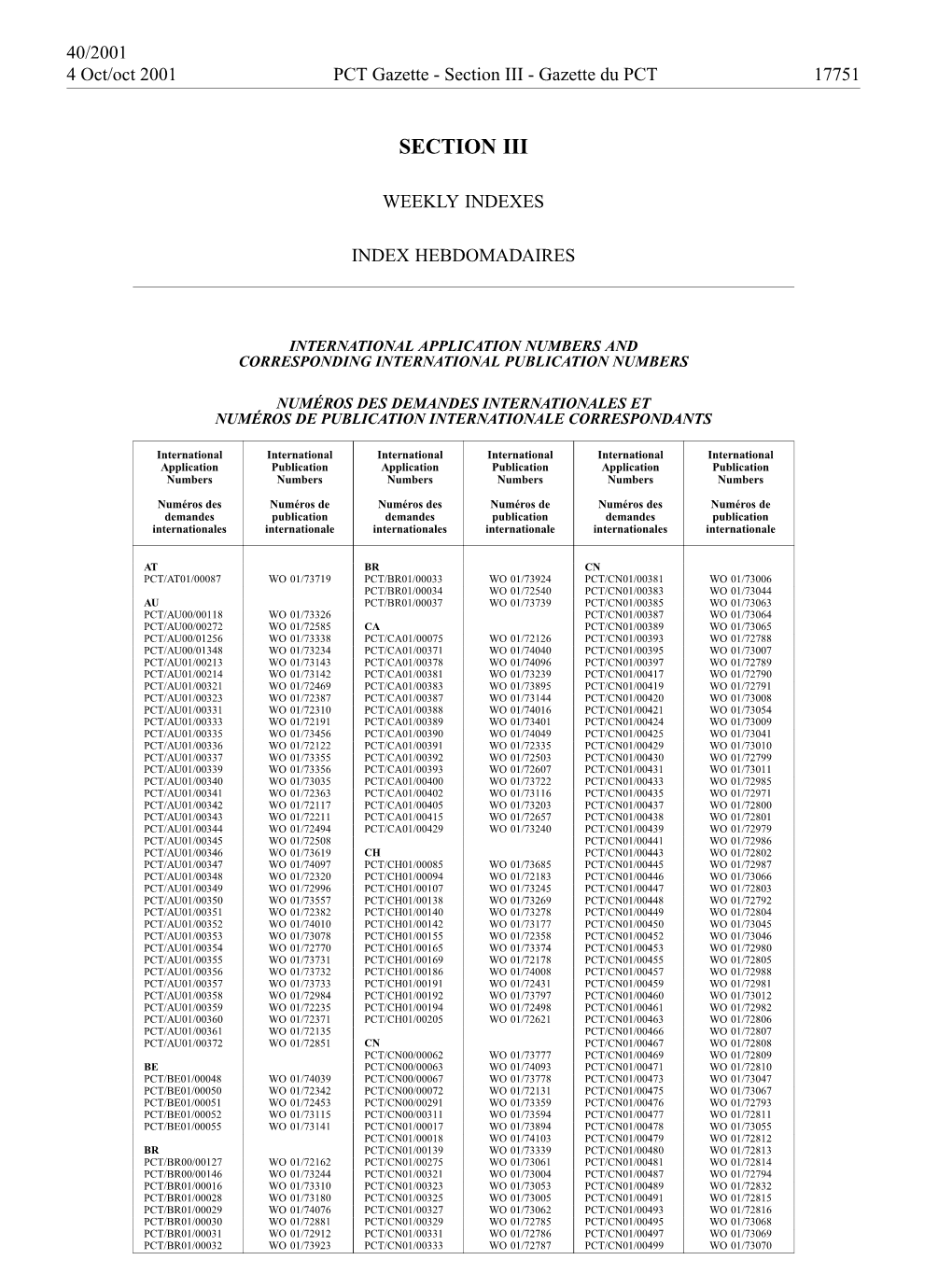 PCT Gazette, Weekly Issue No. 40, 2001