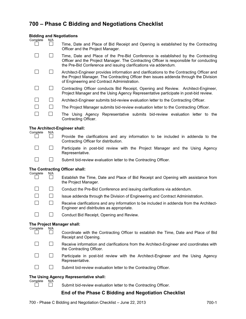 700 Phase C Bidding and Negotiations Checklist