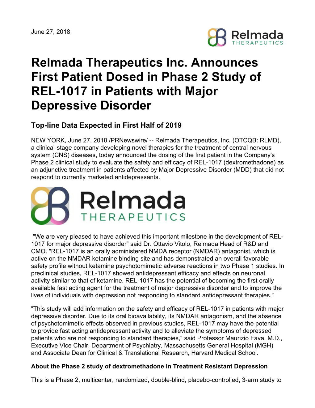 Relmada Therapeutics Inc. Announces First Patient Dosed in Phase 2 Study of REL-1017 in Patients with Major Depressive Disorder