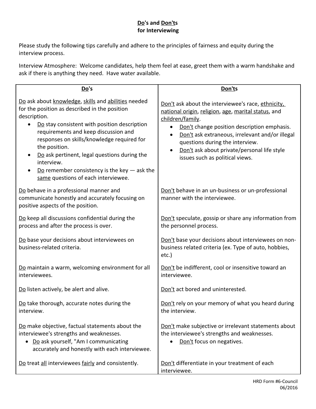 Do's and Don'ts in the Interview Process