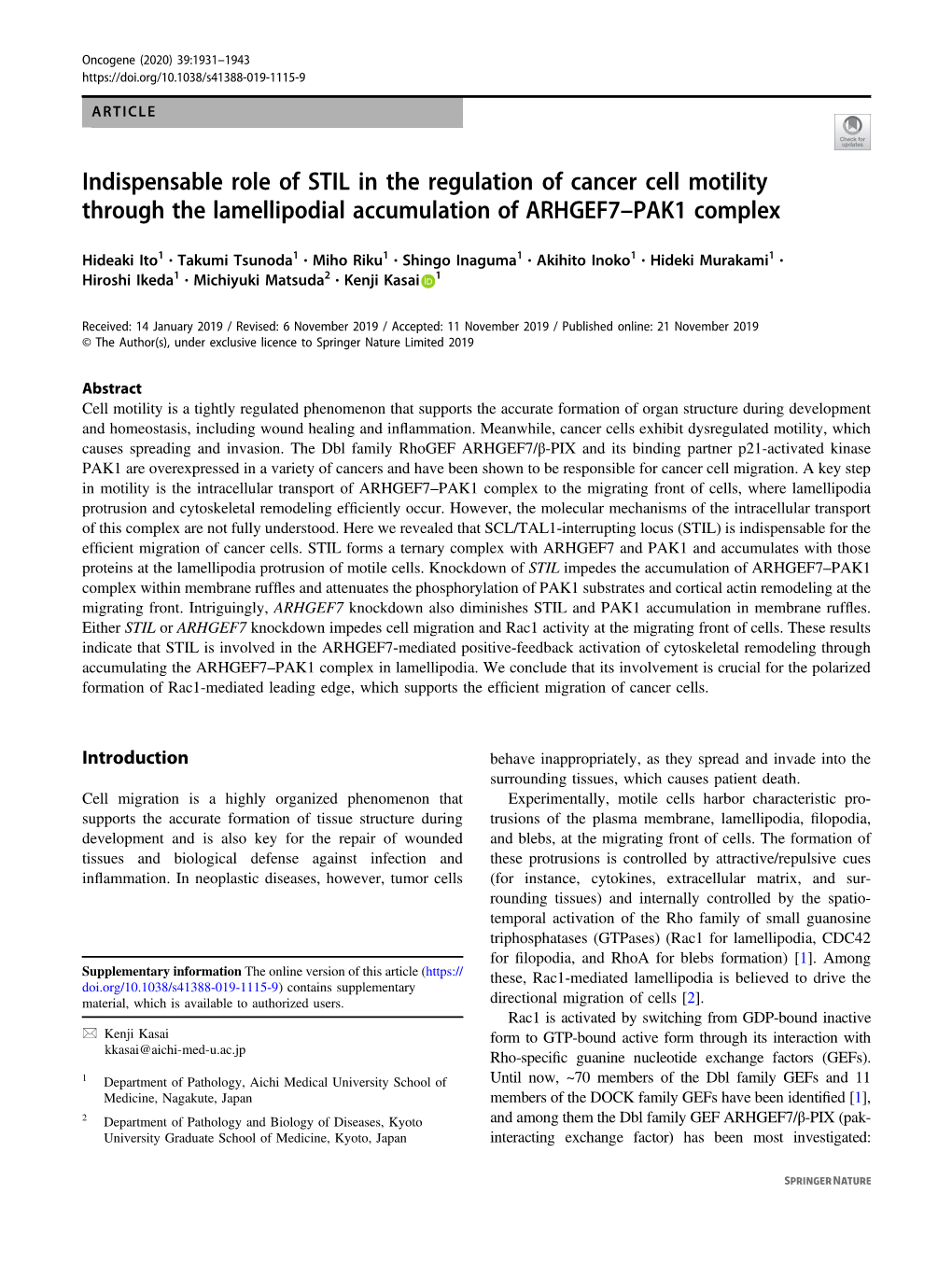 Indispensable Role of STIL in the Regulation of Cancer Cell Motility Through the Lamellipodial Accumulation of ARHGEF7–PAK1 Complex