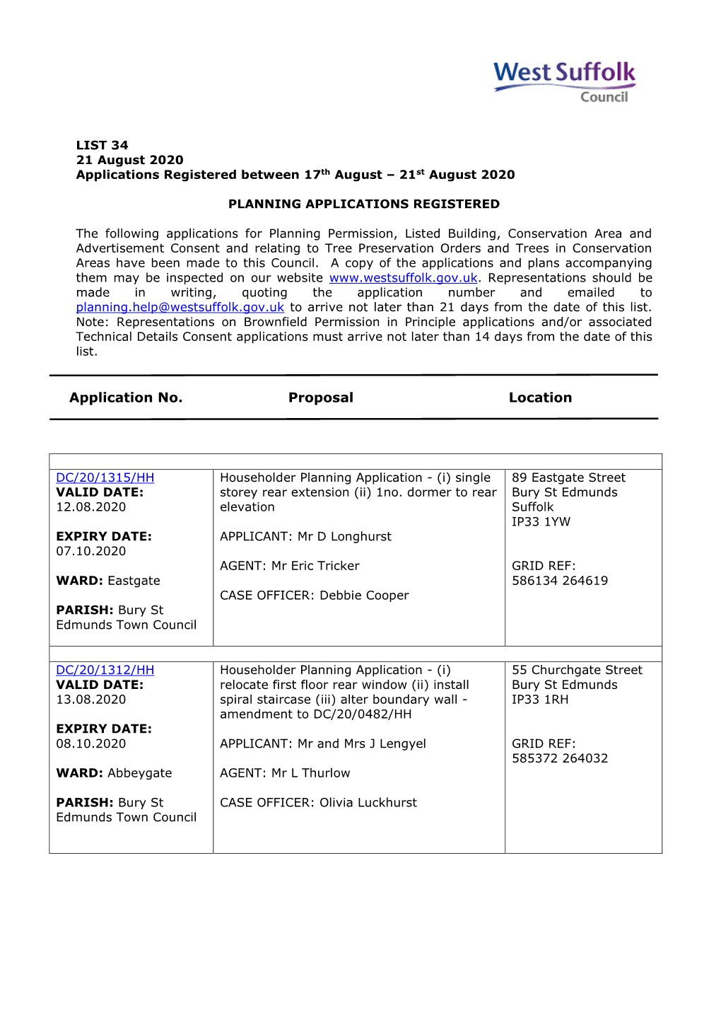 WSC Planning Applications 34/20