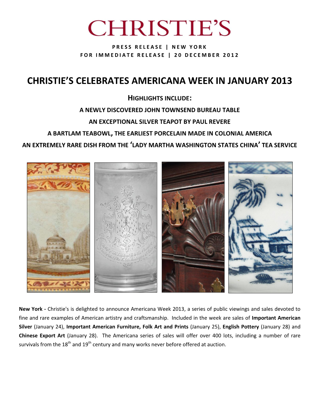 Christie's Celebrates Americana Week in January