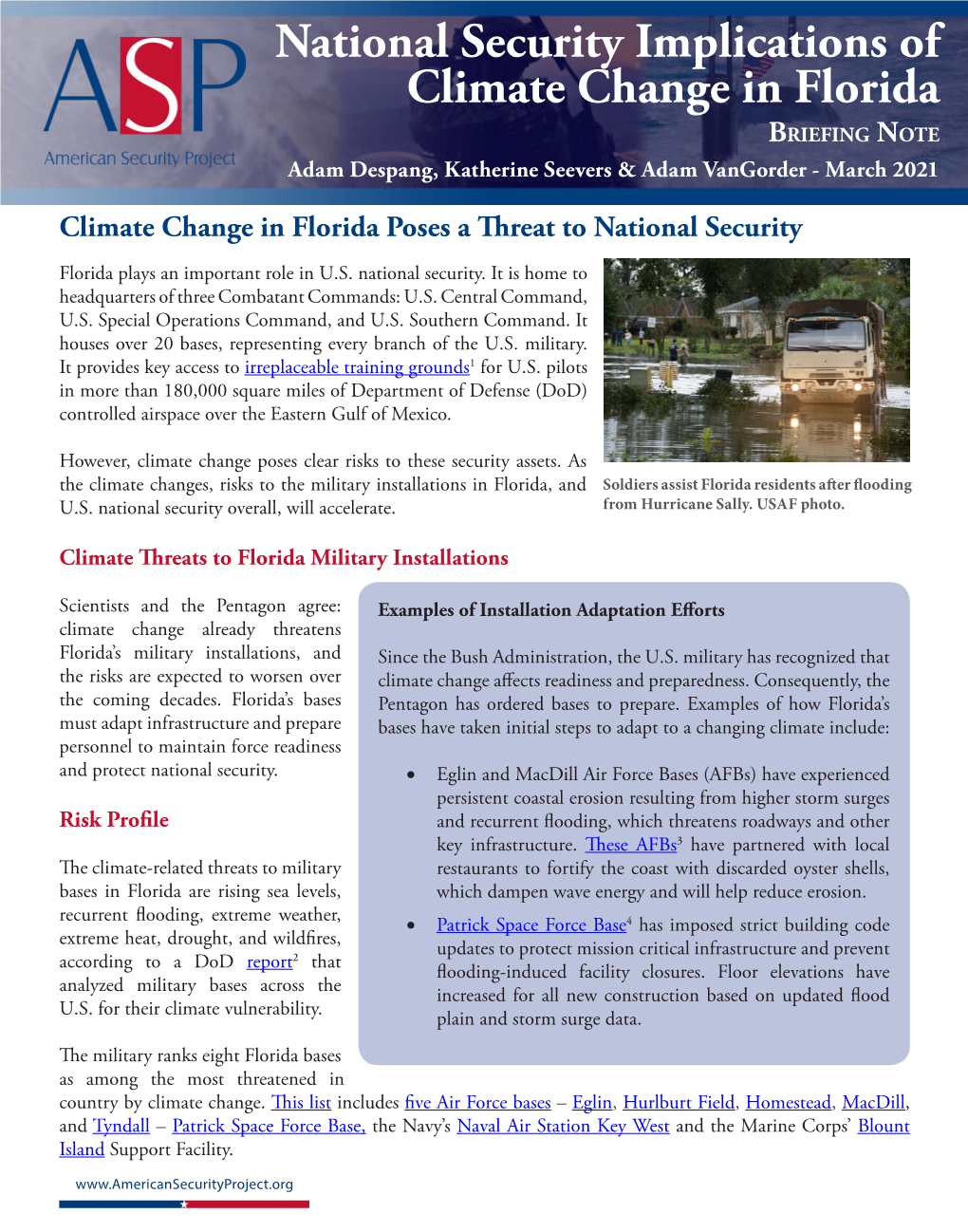 National Security Implications of Climate Change in Florida Briefing Note Adam Despang, Katherine Seevers & Adam Vangorder - March 2021