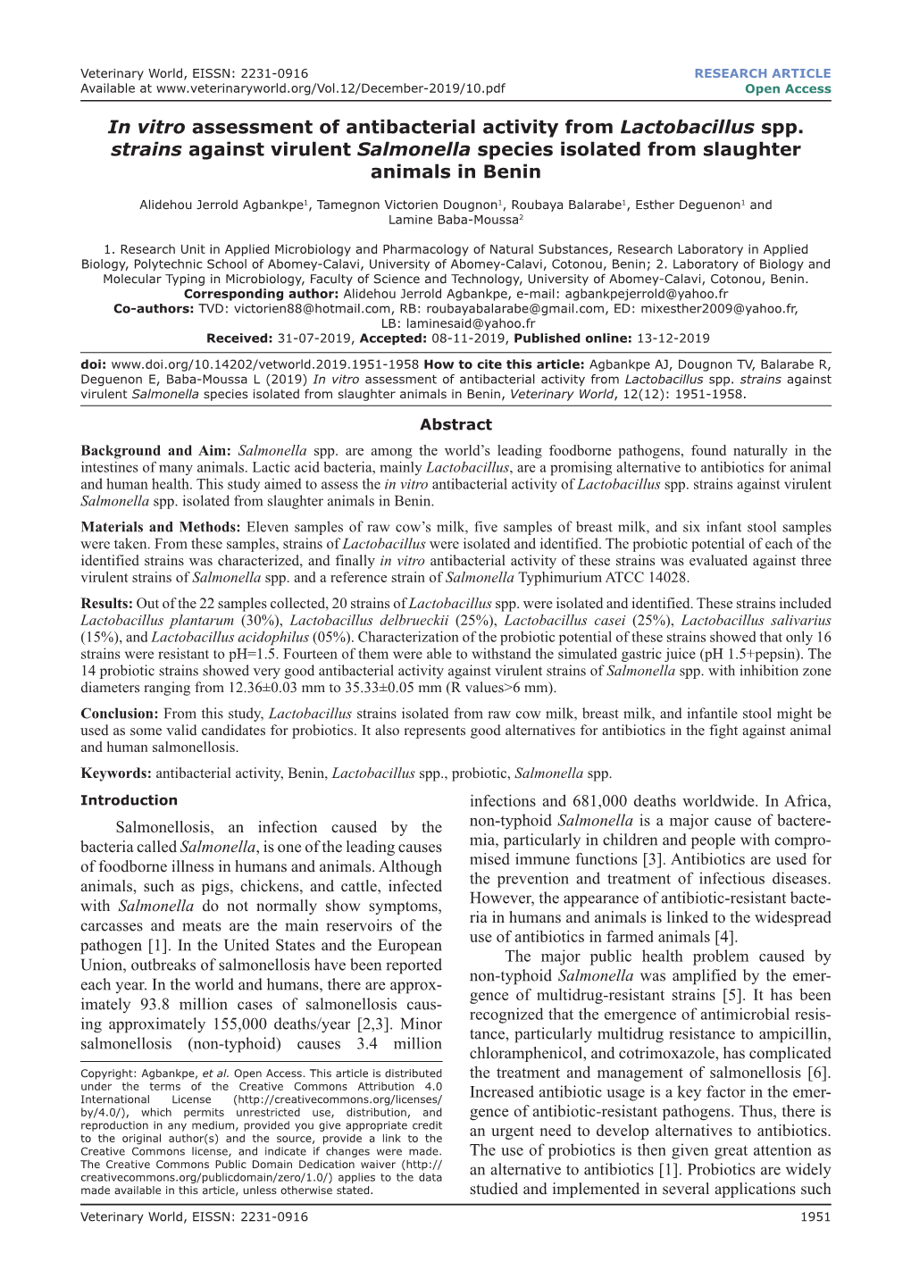 In Vitro Assessment of Antibacterial Activity from Lactobacillus Spp