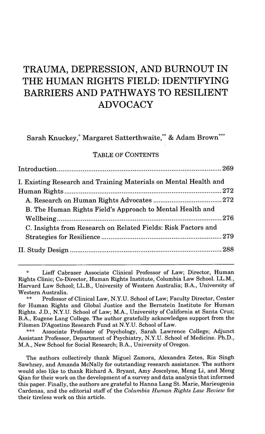 Trauma, Depression, and Burnout in the Human Rights Field: Identifying Barriers and Pathways to Resilient Advocacy
