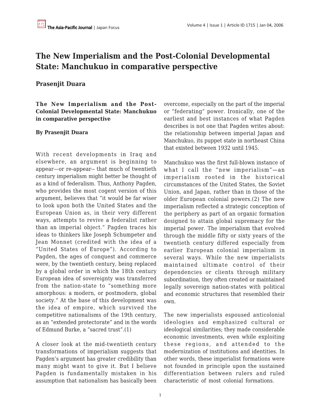 The New Imperialism and the Post-Colonial Developmental State: Manchukuo in Comparative Perspective