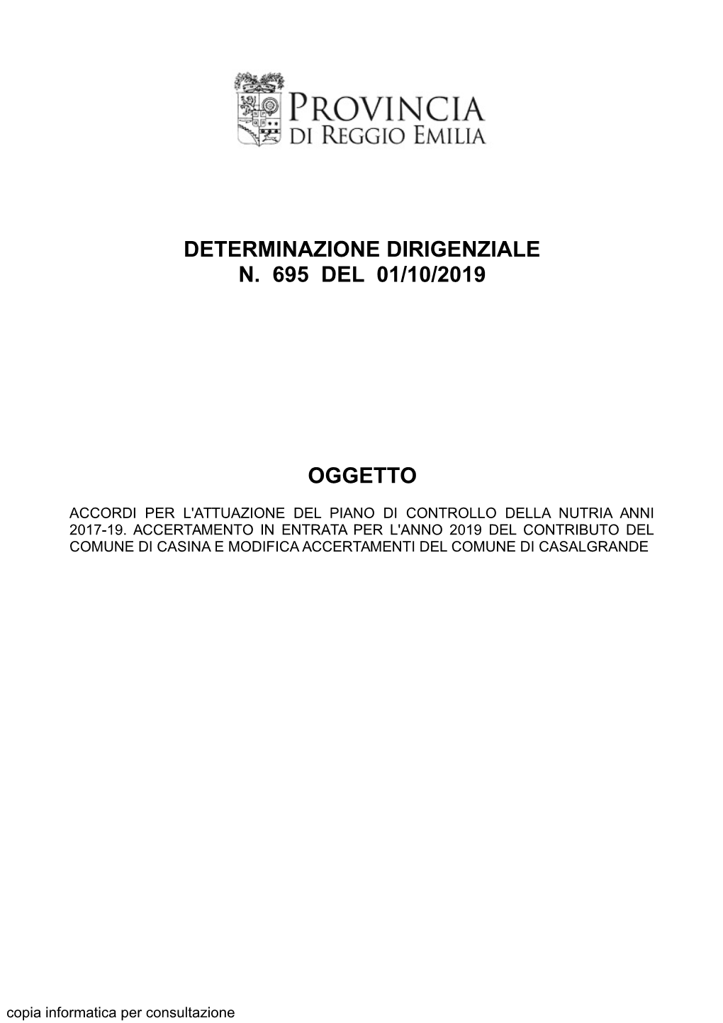 Determinazione Dirigenziale N. 695 Del 01/10/2019 Oggetto