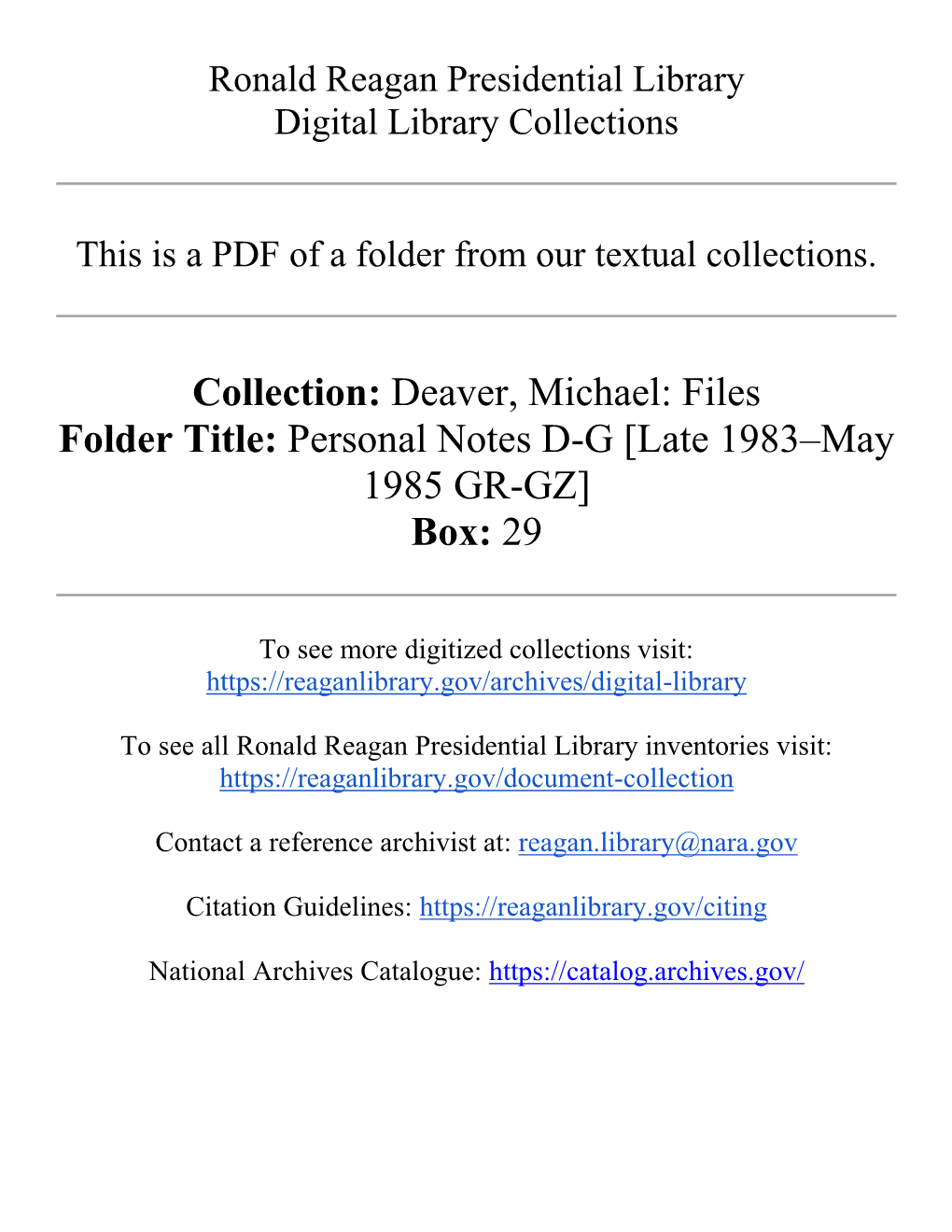 Deaver, Michael: Files Folder Title: Personal Notes D-G [Late 1983–May 1985 GR-GZ] Box: 29