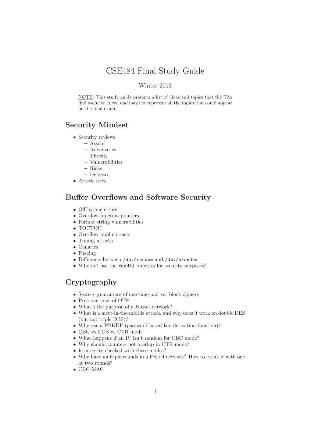 CSE484 Final Study Guide Winter 2013