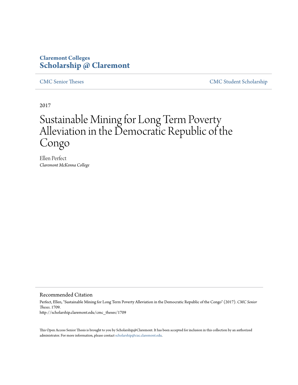 Sustainable Mining for Long Term Poverty Alleviation in the Democratic Republic of the Congo Ellen Perfect Claremont Mckenna College