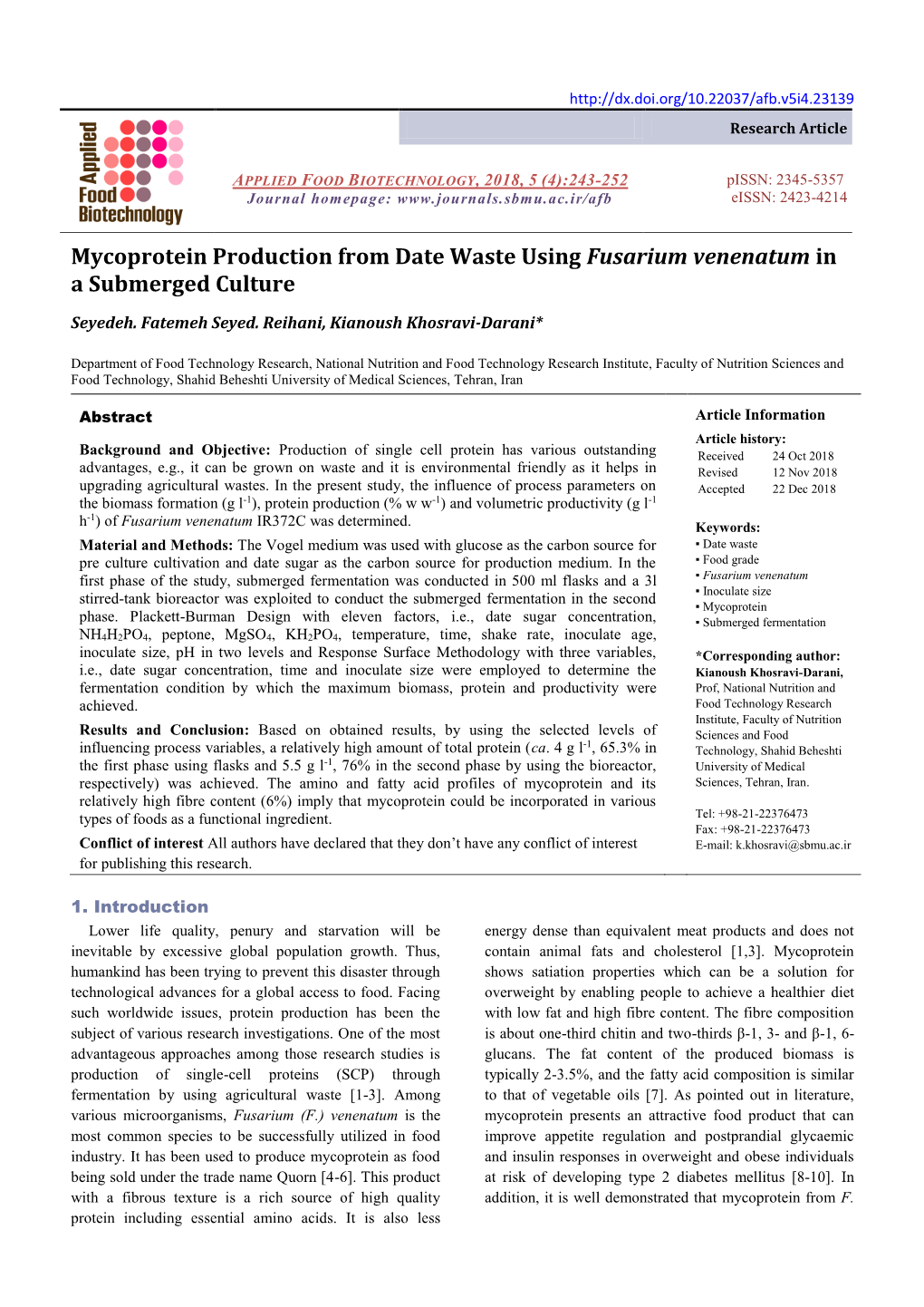 Mycoprotein Production from Date Waste Using Fusarium Venenatum in a Submerged Culture