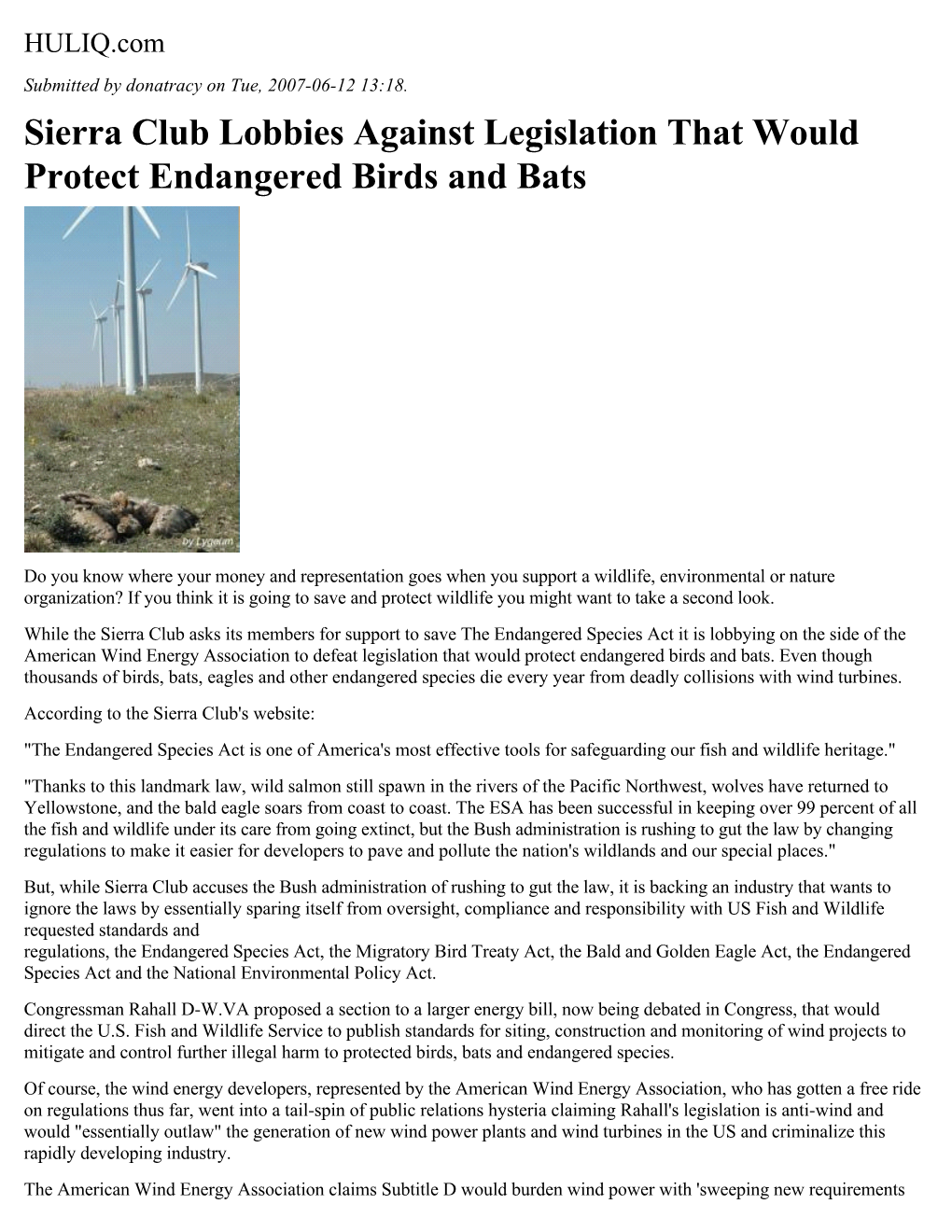 Sierra Club Lobbies Against Legislation That Would Protect Endangered Birds and Bats