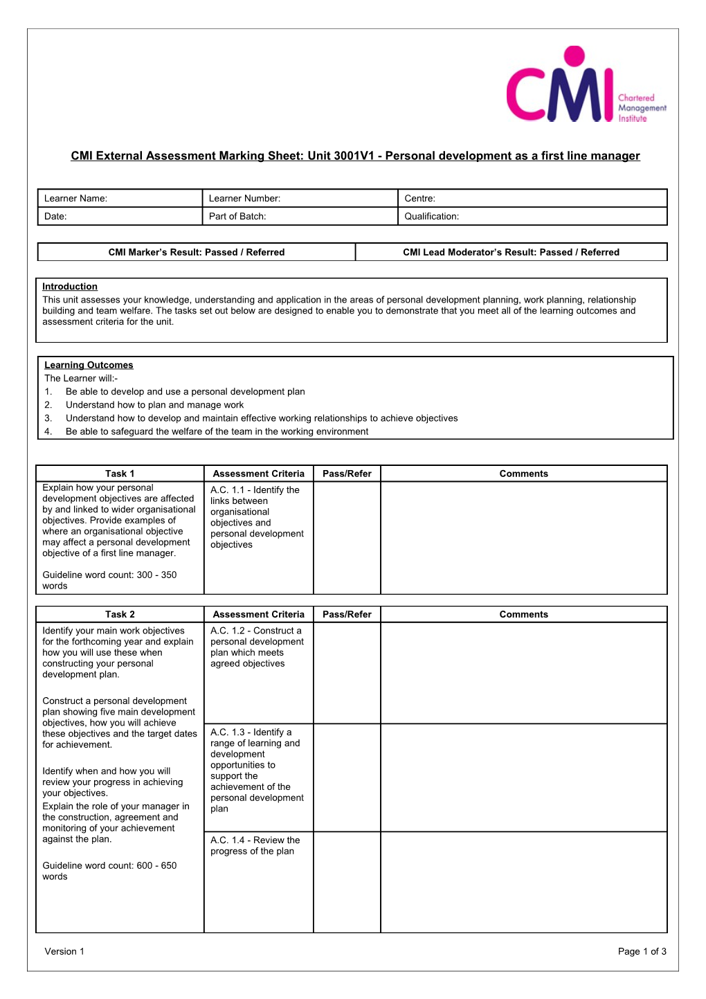 CMI External Assessment Marking Sheet: Unit 3001V1 - Personal Development As a First Line