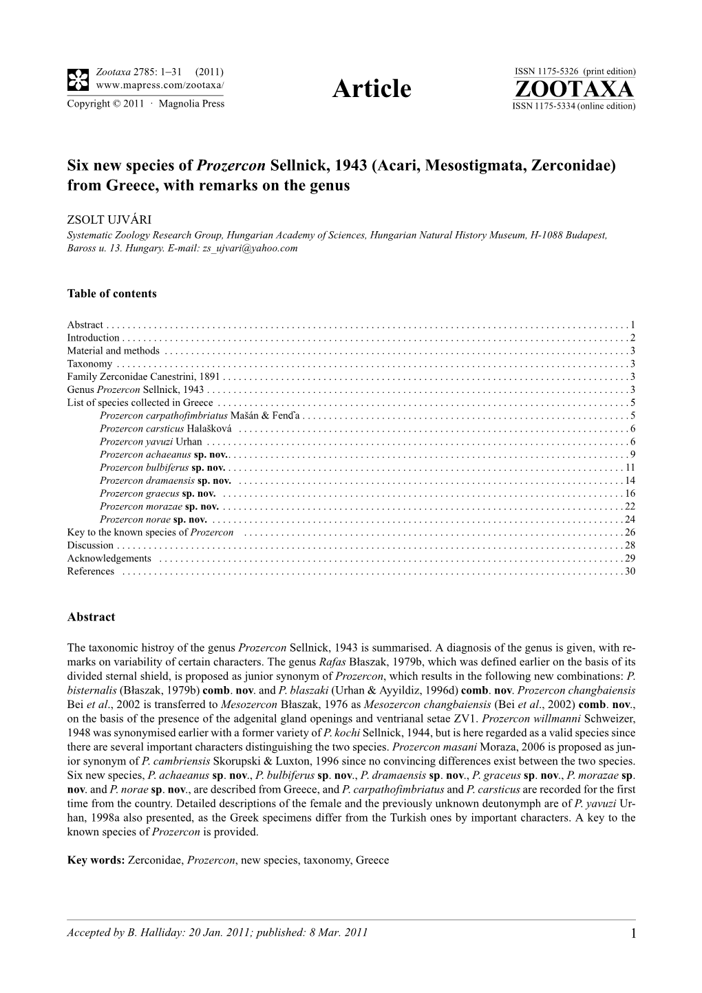 Acari, Mesostigmata, Zerconidae) from Greece, with Remarks on the Genus