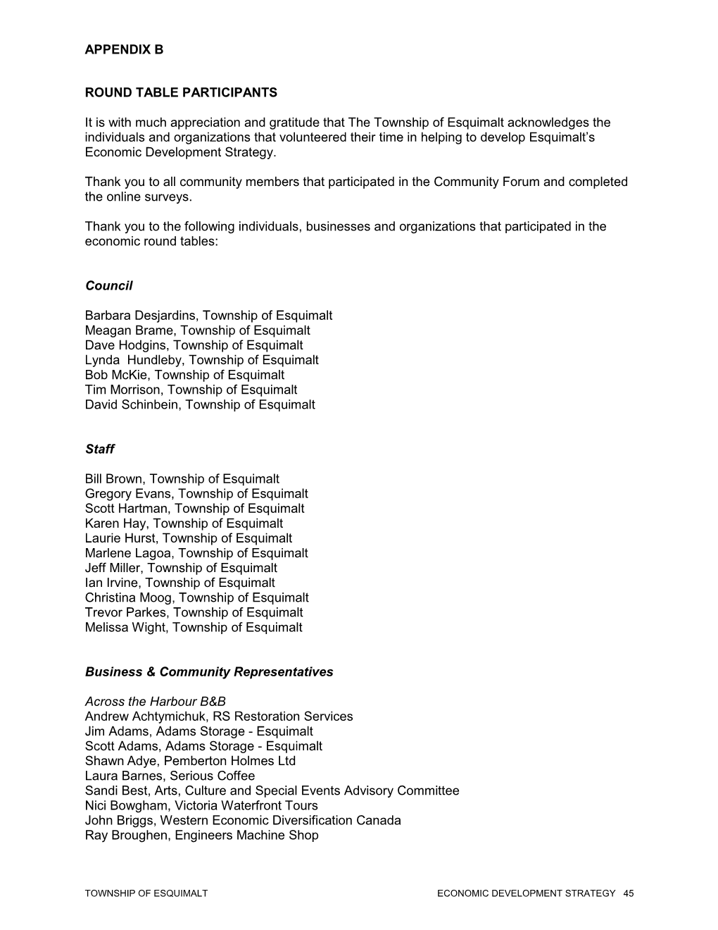 APPENDIX B ROUND TABLE PARTICIPANTS It Is with Much Appreciation and Gratitude That the Township of Esquimalt Acknowledges the I