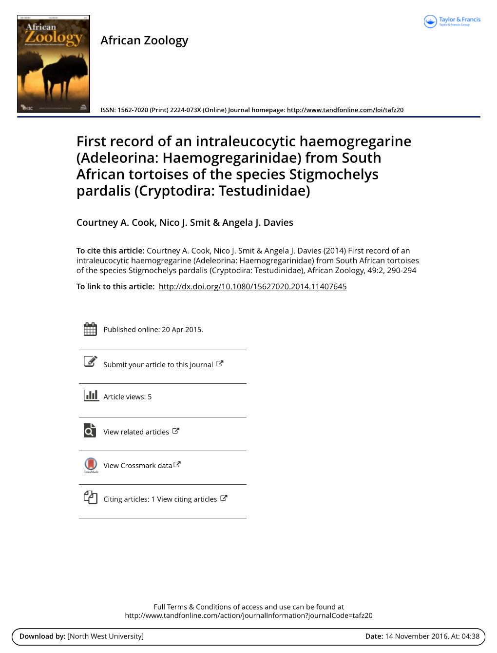 First Record of an Intraleucocytic Haemogregarine (Adeleorina