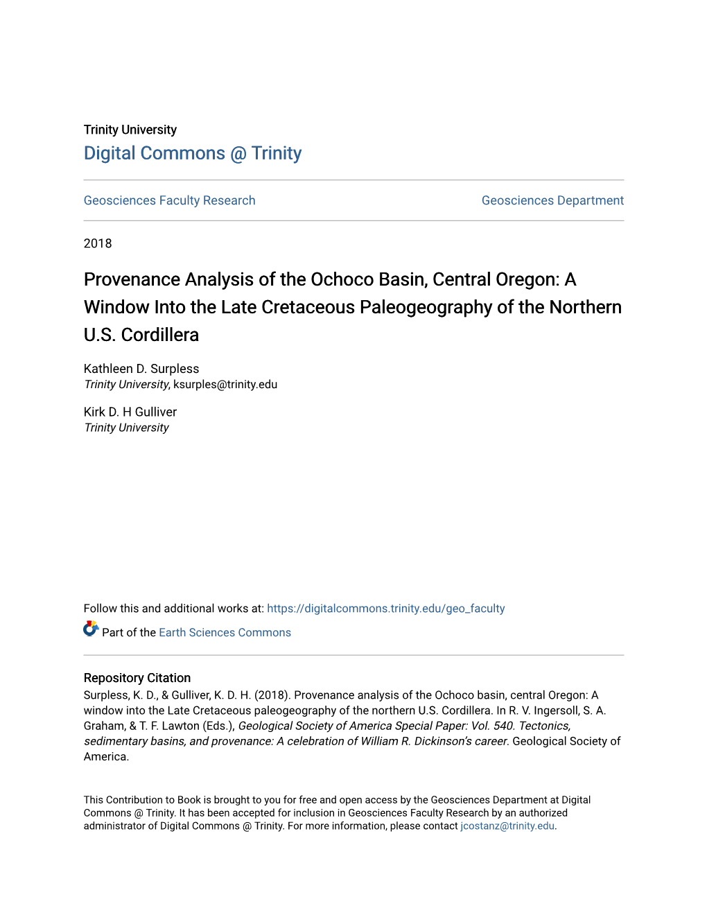 Provenance Analysis of the Ochoco Basin, Central Oregon: a Window Into the Late Cretaceous Paleogeography of the Northern U.S