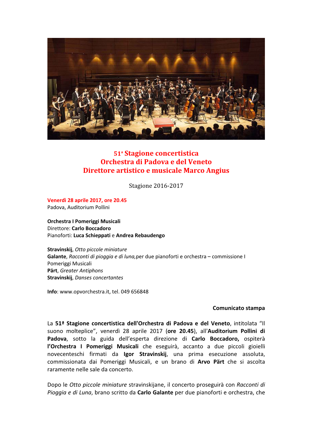 51ª Stagione Concertistica Orchestra Di Padova E Del Veneto Direttore Artistico E Musicale Marco Angius