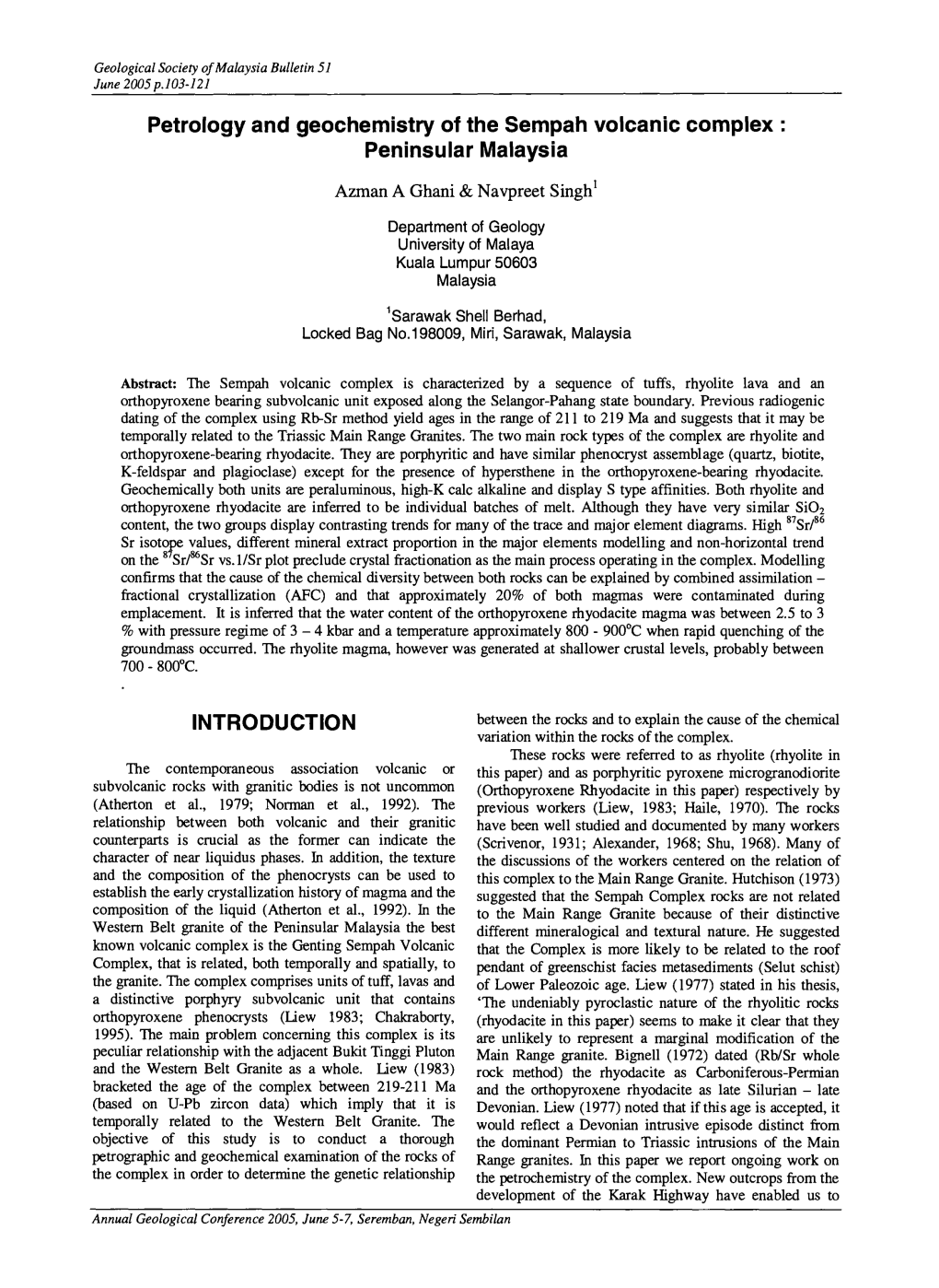 Petrology and Geochemistry of the Sempah Volcanic Complex: Peninsular Malaysia