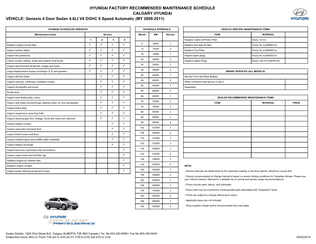 HYUNDAI FACTORY RECOMMENDED MAINTENANCE SCHEDULE CALGARY HYUNDAI VEHICLE: Genesis 4 Door Sedan 4.6Lt V8 DOHC 6 Speed Automatic (MY 2009-2011)