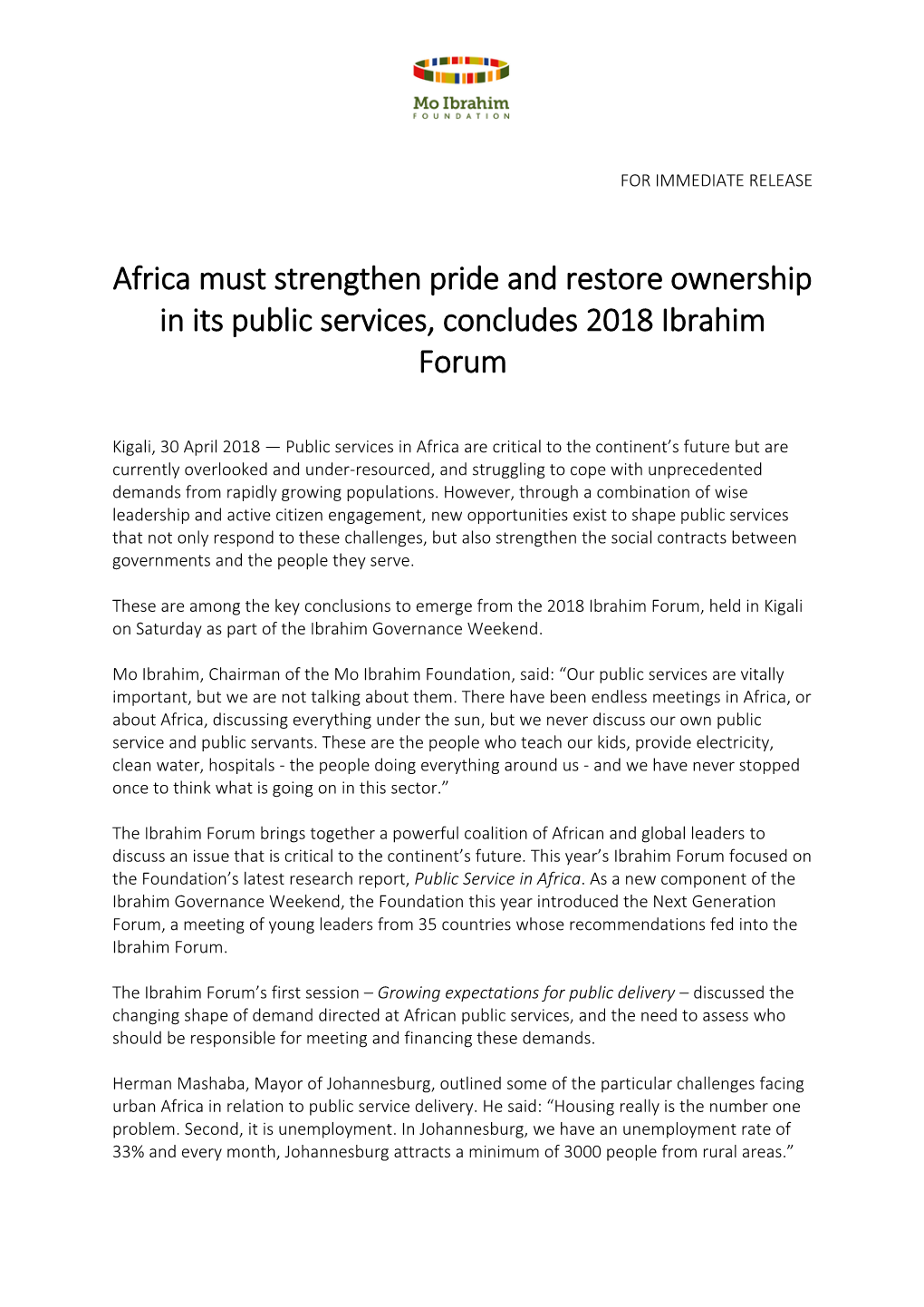 Africa Must Strengthen Pride and Restore Ownership in Its Public Services, Concludes 2018 Ibrahim Forum