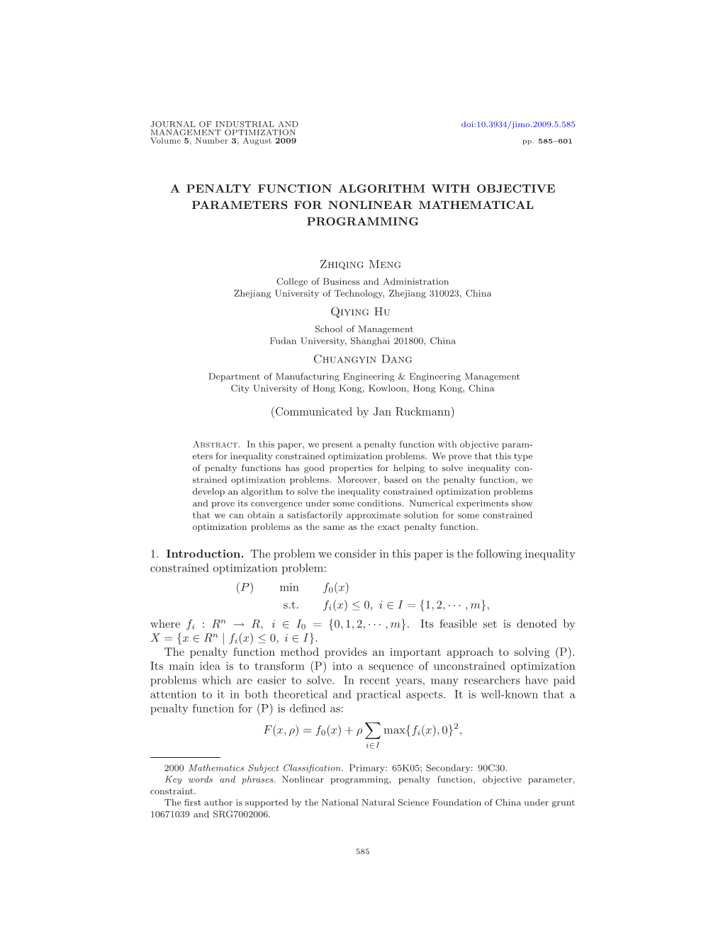 A Penalty Function Algorithm with Objective Parameters for Nonlinear Mathematical Programming