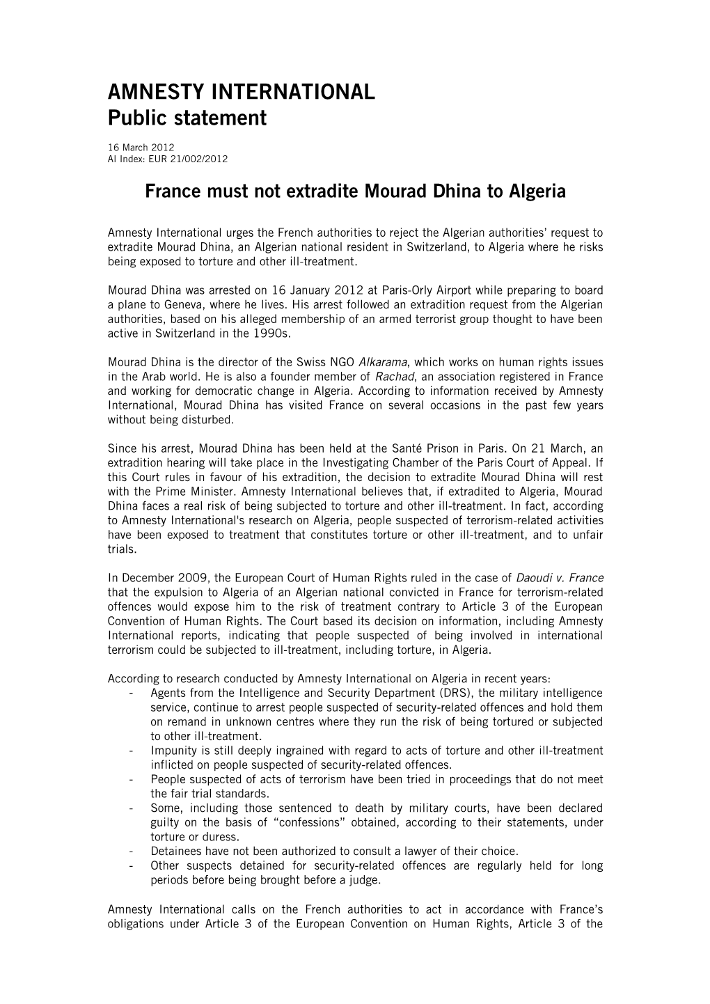 France Must Not Extradite Mourad Dhina to Algeria