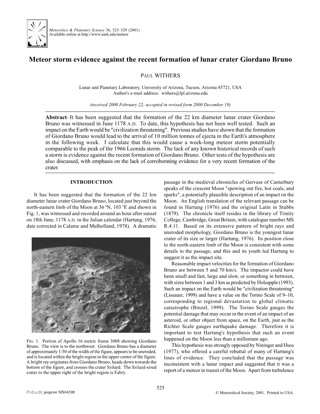 Meteor Storm Evidence Against the Recent Formation of Lunar Crater Giordano Bruno