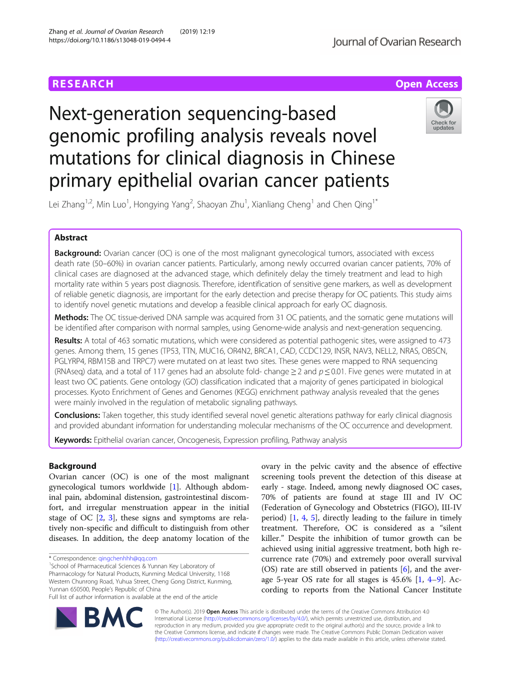 Next-Generation Sequencing-Based Genomic Profiling Analysis Reveals Novel Mutations for Clinical Diagnosis in Chinese Primary Ep