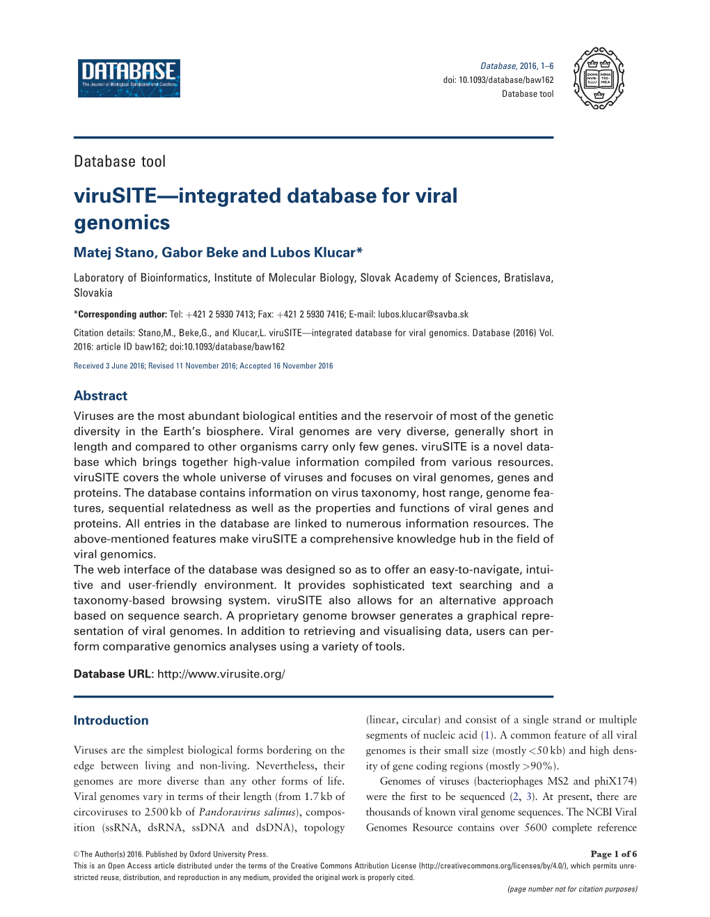 Virusite—Integrated Database for Viral Genomics Matej Stano, Gabor Beke and Lubos Klucar*