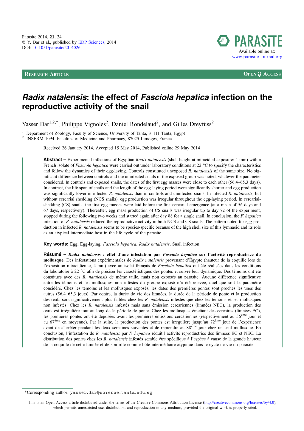 Radix Natalensis: the Effect of Fasciola Hepatica Infection on the Reproductive Activity of the Snail