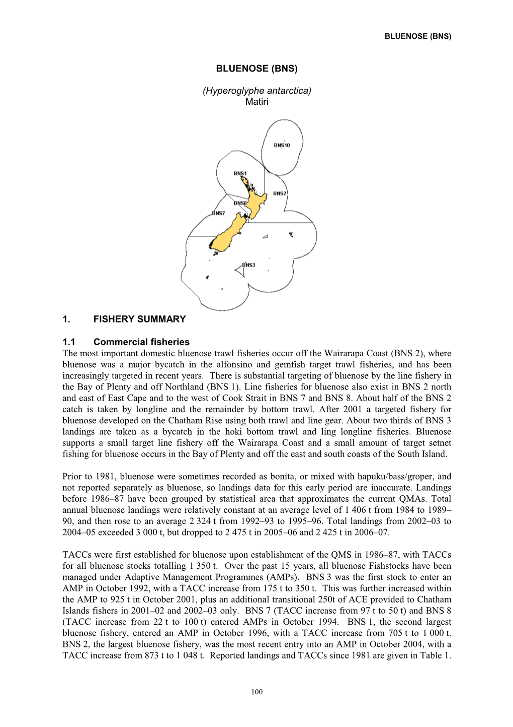 BLUENOSE (BNS) (Hyperoglyphe Antarctica) Matiri 1. FISHERY