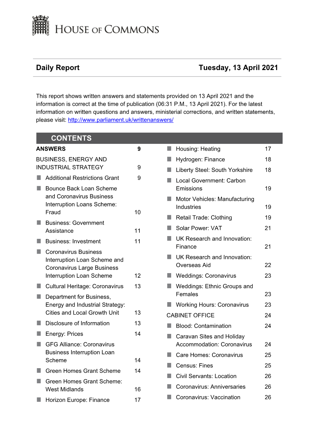 Daily Report Tuesday, 13 April 2021 CONTENTS