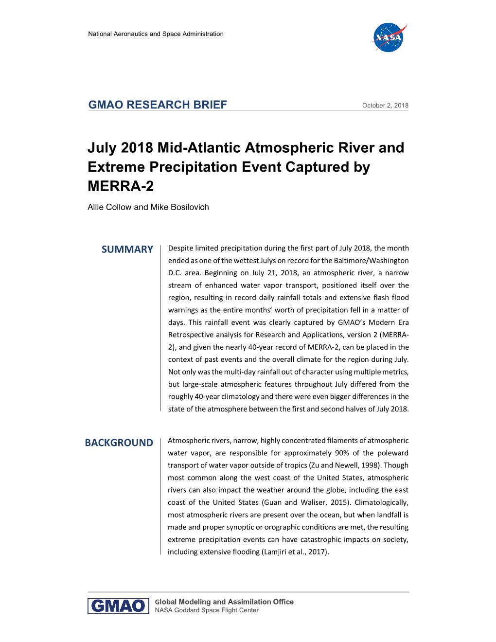 July 2018 Mid-Atlantic Atmospheric River and Extreme Precipitation Event Captured by MERRA-2