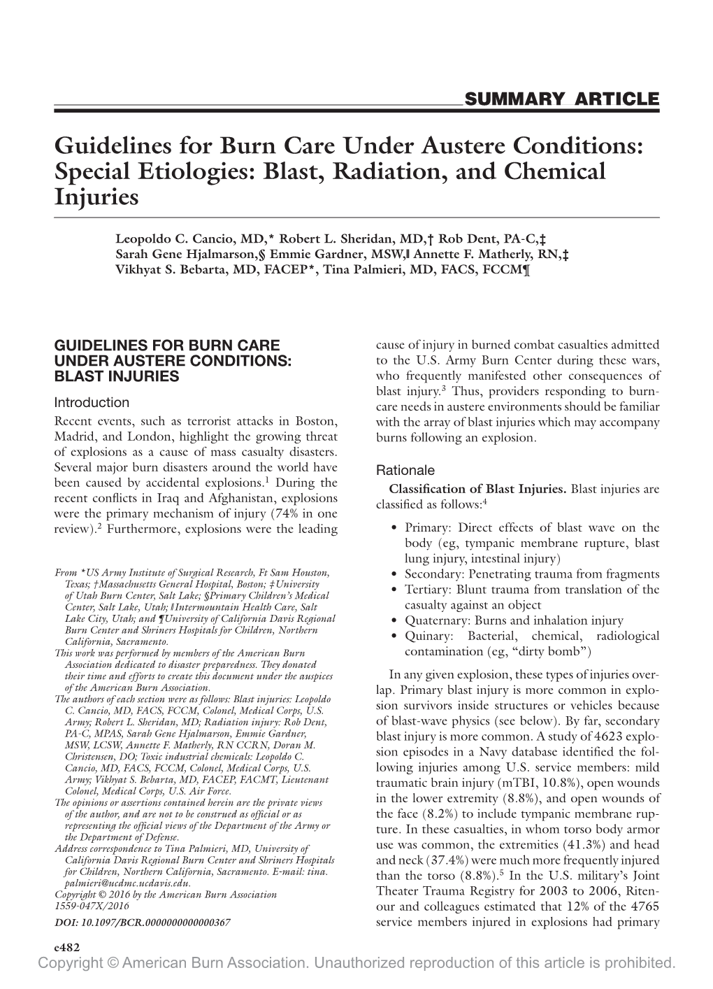 Guidelines for Burn Care Under Austere Conditions: Special Etiologies: Blast, Radiation, and Chemical Injuries