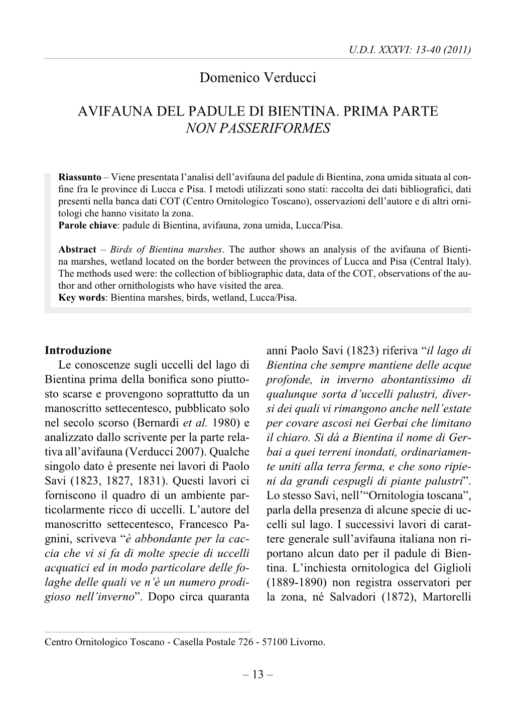 Domenico Verducci Avifauna Del Padule DI Bientina. Prima Parte Non Passeriformes