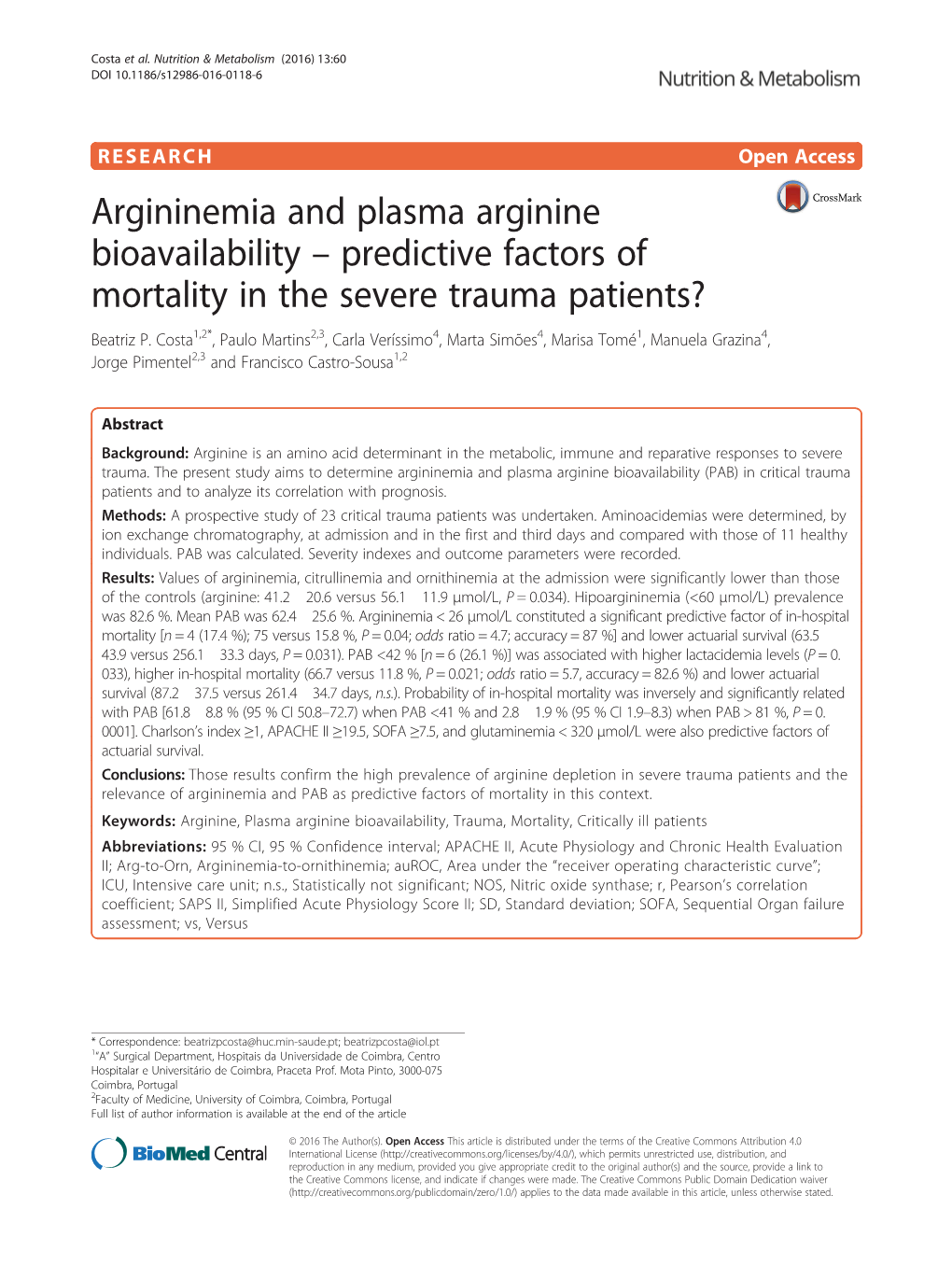 Argininemia and Plasma Arginine Bioavailability – Predictive Factors of Mortality in the Severe Trauma Patients? Beatriz P
