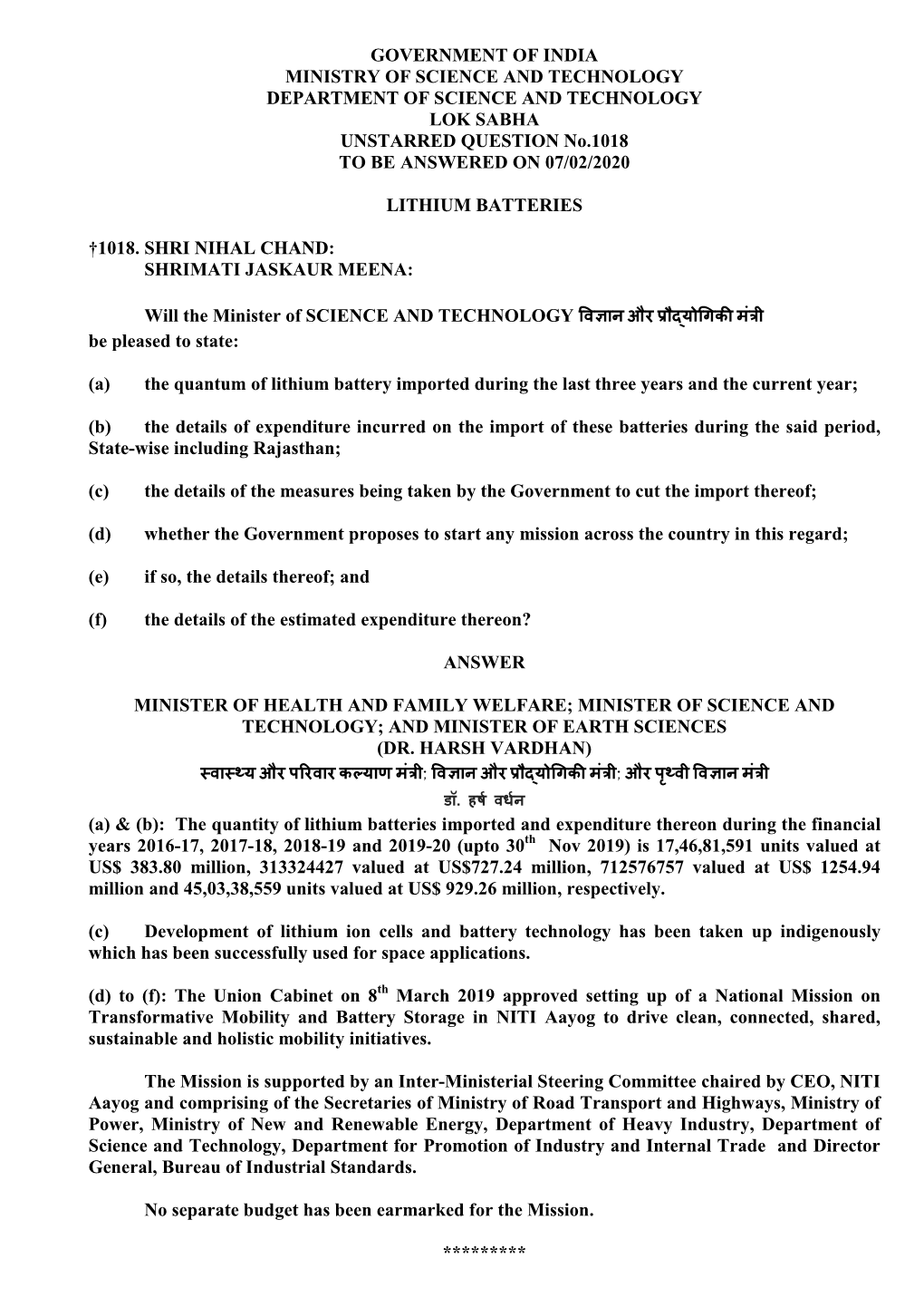 GOVERNMENT of INDIA MINISTRY of SCIENCE and TECHNOLOGY DEPARTMENT of SCIENCE and TECHNOLOGY LOK SABHA UNSTARRED QUESTION No.1018 to BE ANSWERED on 07/02/2020