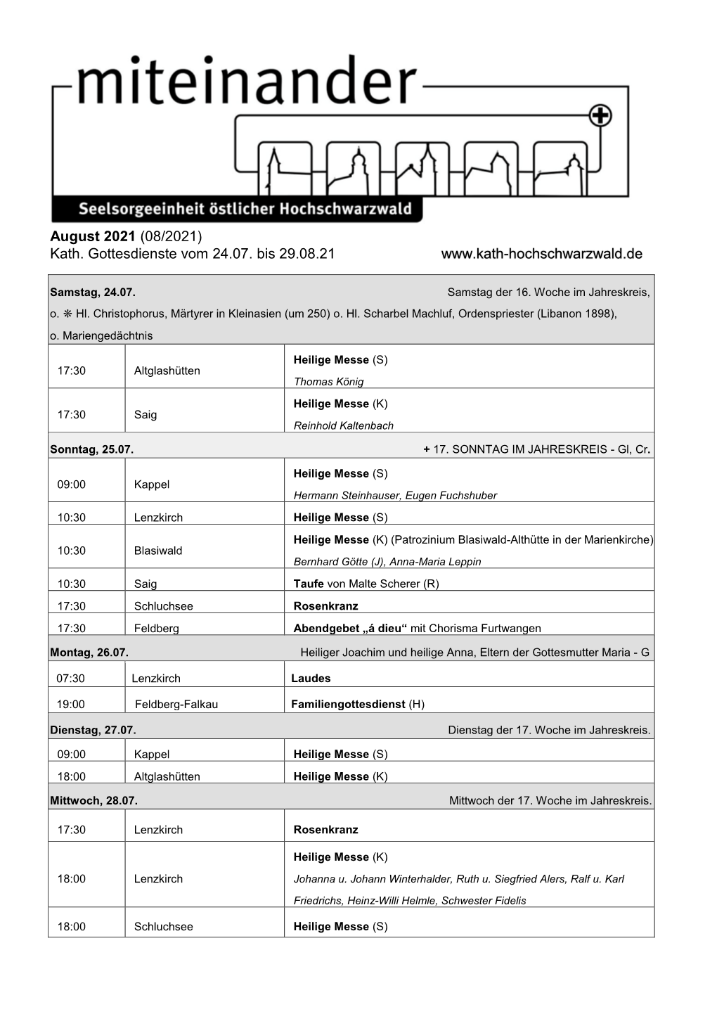 August 2021 (08/2021) Kath. Gottesdienste Vom 24.07. Bis 29.08.21