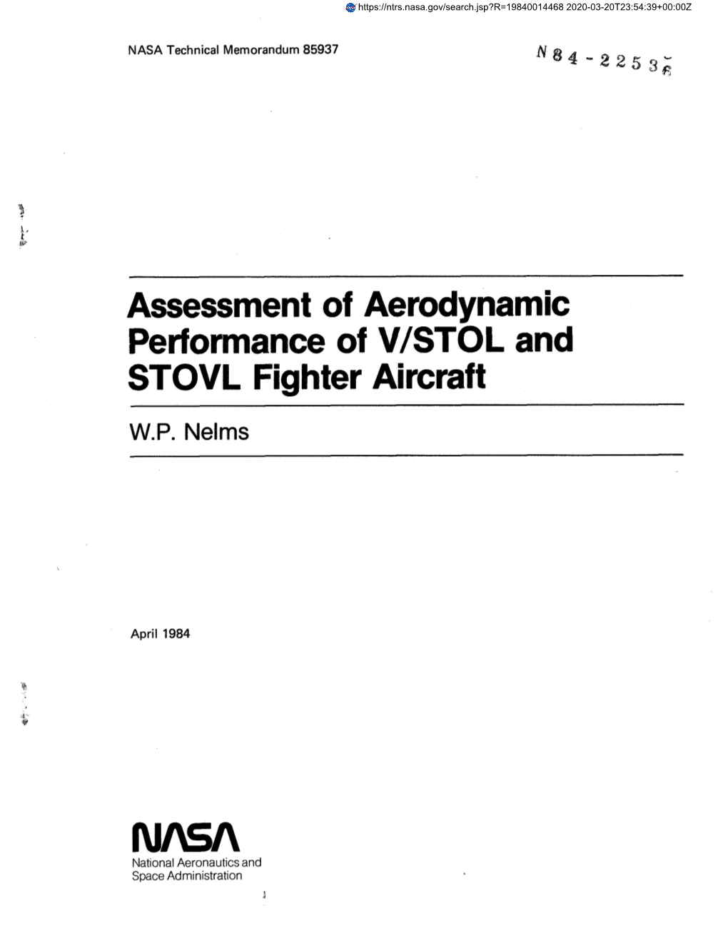 Assessment of Aerodynamic Performance of V/STOL and STOVL Fi Hter Aircraft W.P