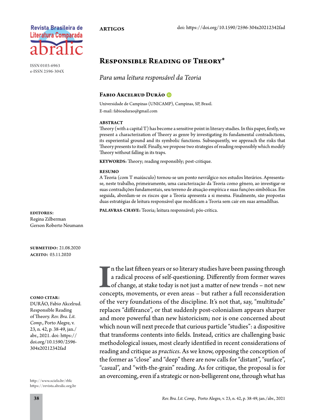 Responsible Reading of Theory* E-ISSN 2596-304X Para Uma Leitura Responsável Da Teoria