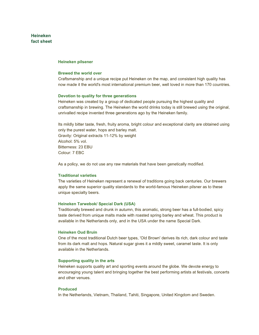 Heineken Fact Sheet