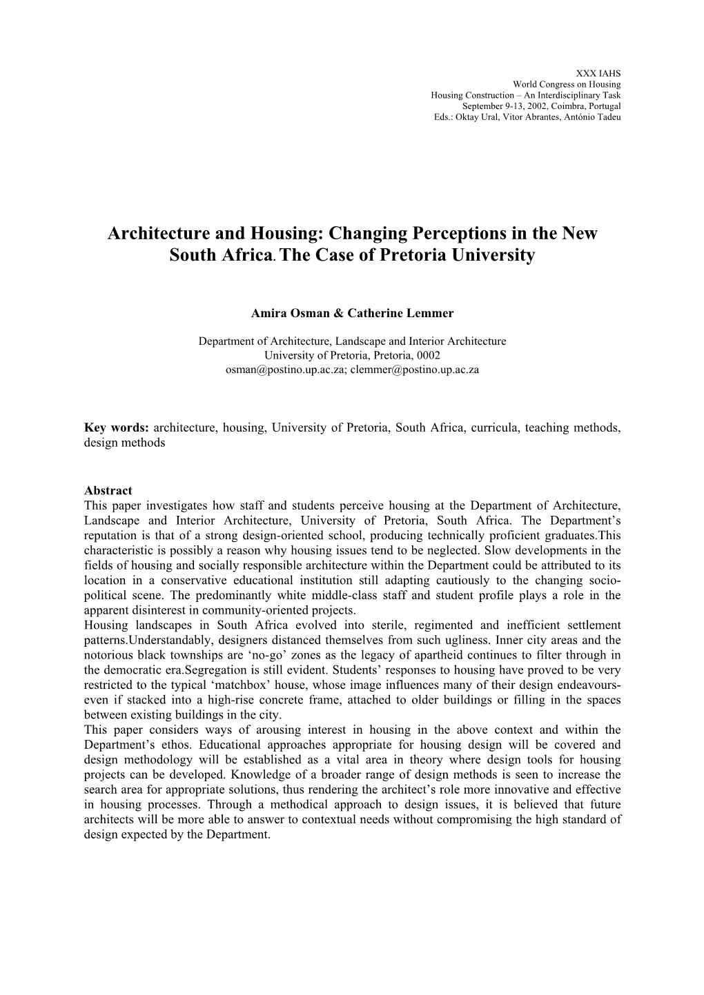 Architecture and Housing: Changing Perceptions in the New South Africa