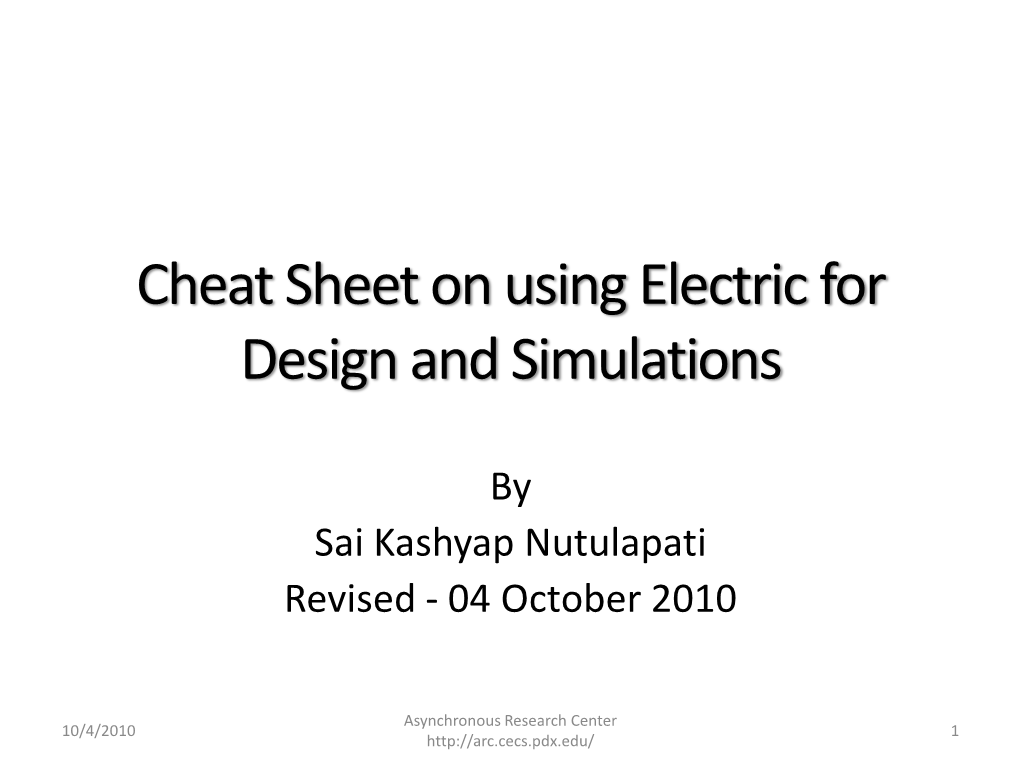 Cheat Sheet on Using Electric for Design and Simulations