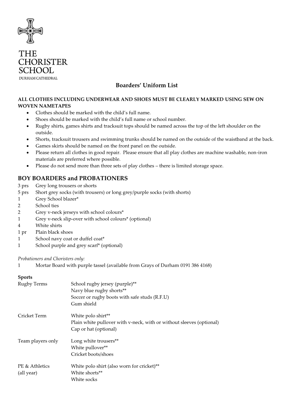 Boarders' Uniform List BOY BOARDERS and PROBATIONERS