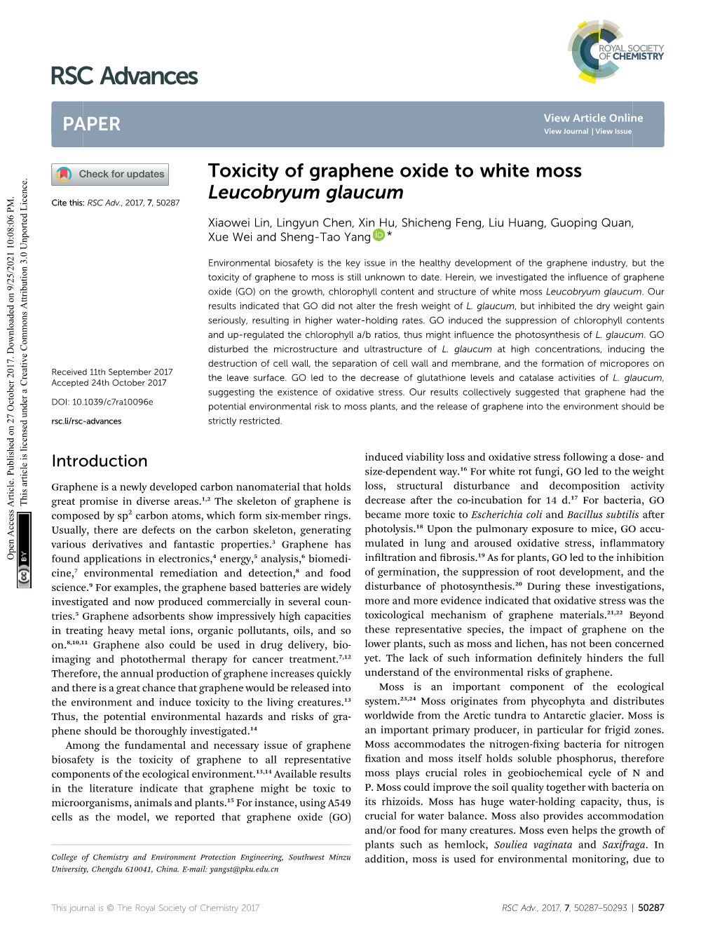 Toxicity of Graphene Oxide to White Moss Leucobryum Glaucum