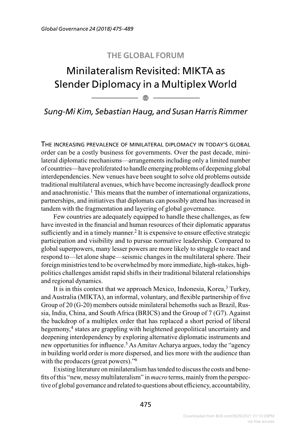 Minilateralism Revisited: MIKTA As Slender Diplomacy in a Multiplex World