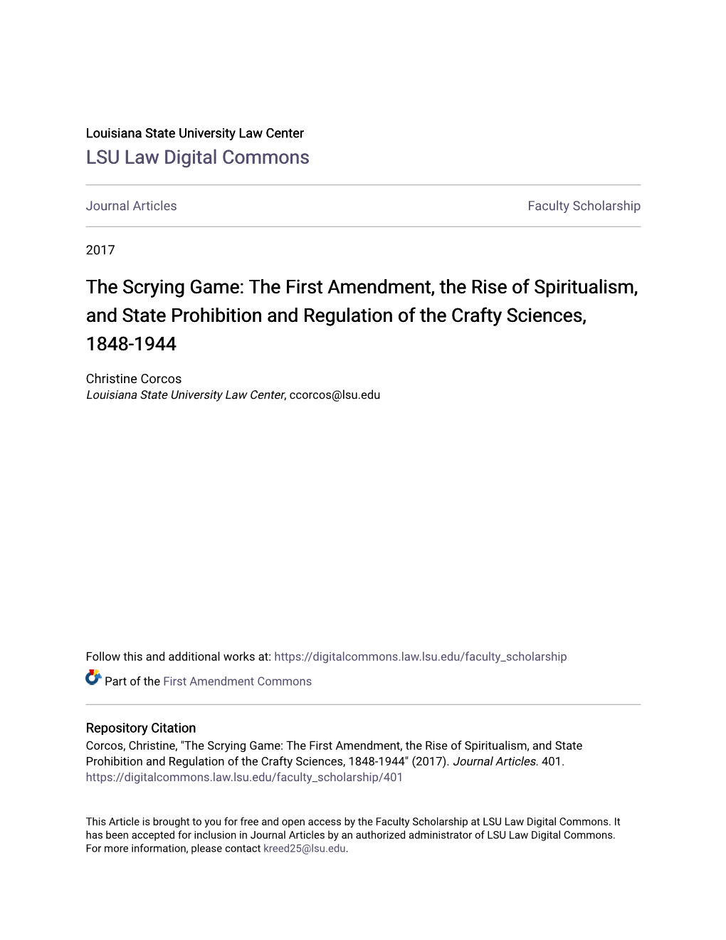 The Scrying Game: the First Amendment, the Rise of Spiritualism, and State Prohibition and Regulation of the Crafty Sciences, 1848-1944